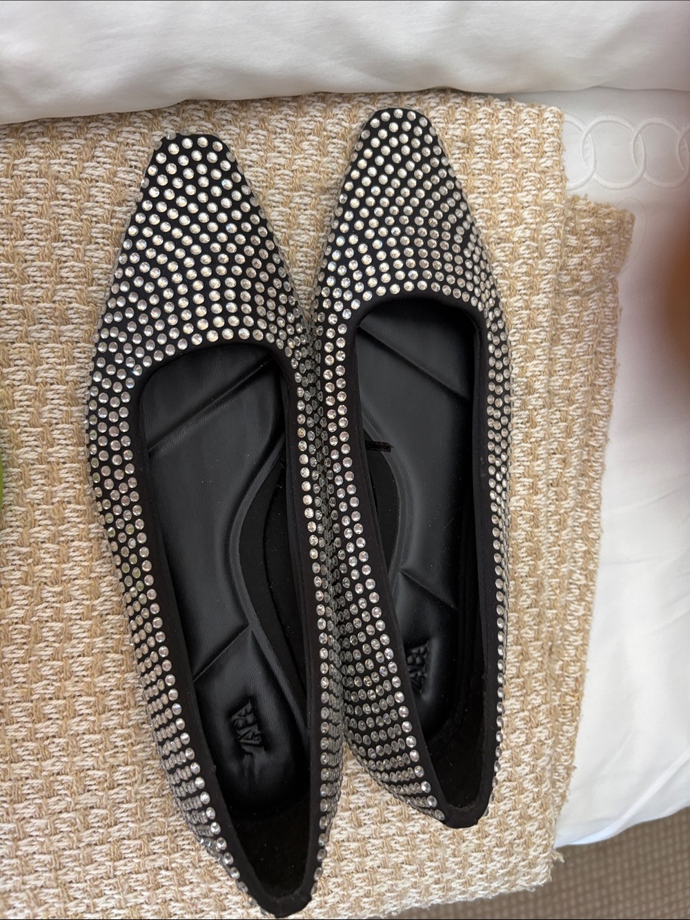 Zara Black Crystal-Studded Pointed Ballet Flats